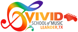 Vivid School of Music logo displaying the school name and the city name (Leander TX) in bright orange and gold lettering, framed by a rainbow-gradient guitar shape, on a transparent (light grey) background