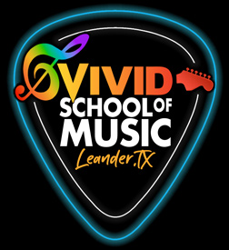 Vivid Music School logo shaped like a guitar pick, featuring orange lettering against a black background, with a rainbow-colored guitar framing the text