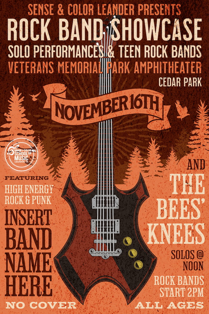 concert flyer featuring electric guitar positioned against a backdrop of pine trees