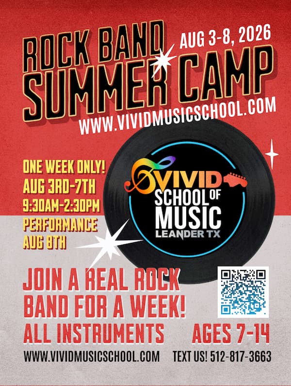 Retro red flyer for 2026 kids' summer music camp in Leander TX