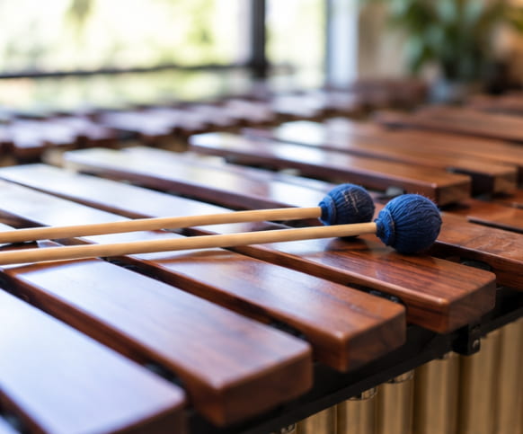 Closeup of a marimba in front of a window with mallets sitting on top of it